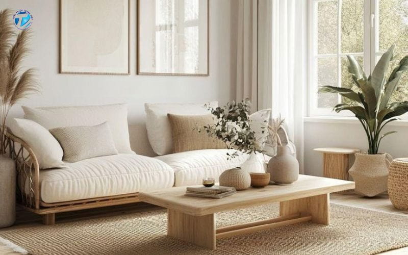 Phòng khách phong cách Bắc Âu với gam màu sáng và chất liệu gỗ tự nhiên.